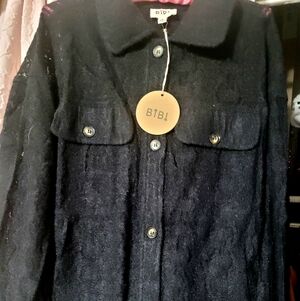 New With Tags Size M BiBi Black Lacy Teddy Jacket with Button-Front Flap Pockets